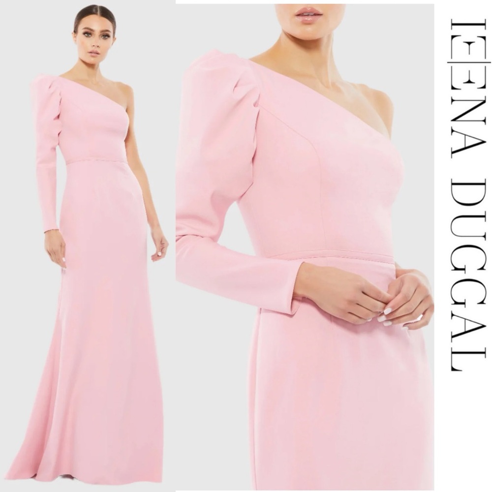 Ieena x Mac Duggal - Rose Pink One Shoulder Puff Sleeve Gown